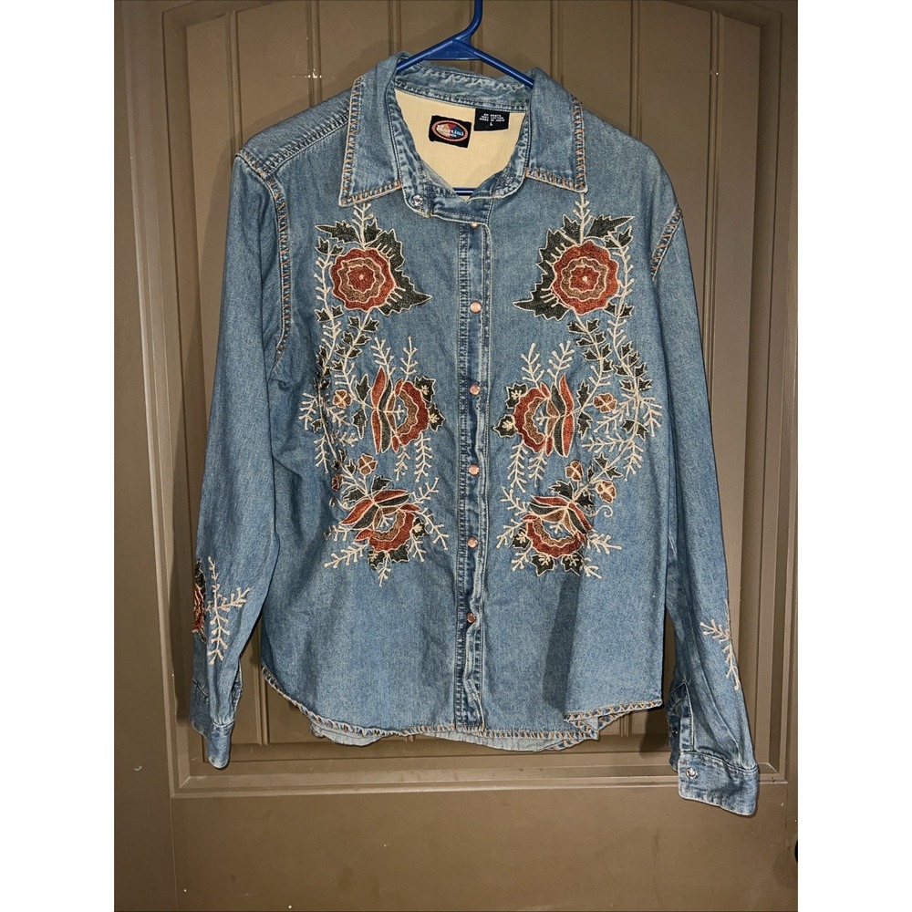 Martini Ranch L Embroider Floral  Western Shirt 90s Rockabilly Cowboy Blue Jean